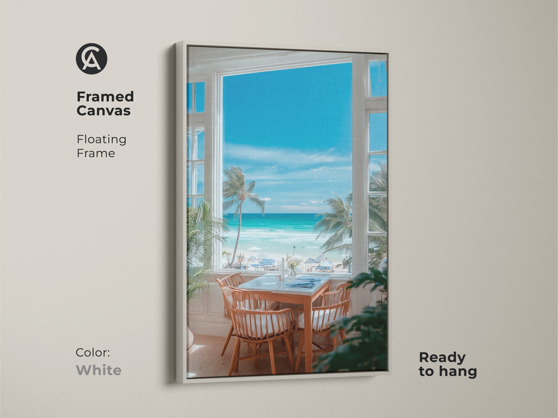 Framed canvas art with a floating frame in white. The artwork features a calming beach scene. The beach scene is seen through a window. Ready to hang this piece offers a clean and modern look. Perfect for creating a relaxing atmosphere in your home.
