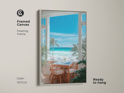 Framed canvas art with a floating frame in white. The artwork features a calming beach scene. The beach scene is seen through a window. Ready to hang this piece offers a clean and modern look. Perfect for creating a relaxing atmosphere in your home.