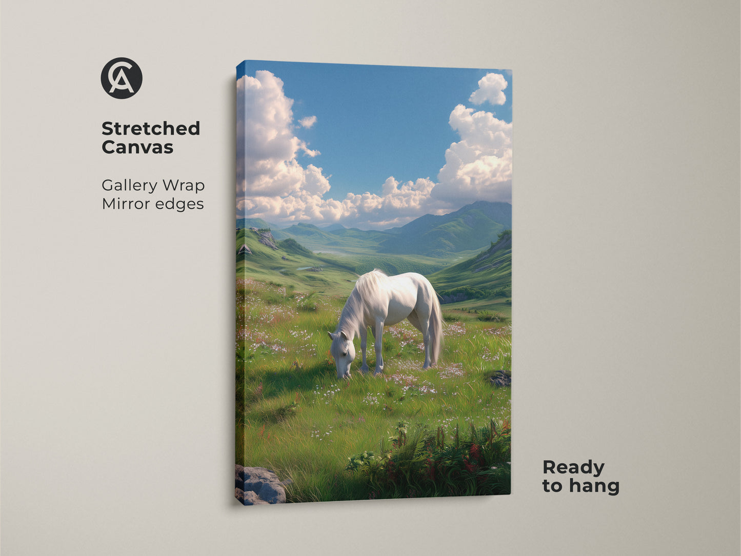 Stretched canvas artwork showcasing a white horse peacefully grazing in a vibrant green meadow. The gallery wrap with mirror edges offers a modern aesthetic. This stunning horse landscape art is ready to hang and transform your space.