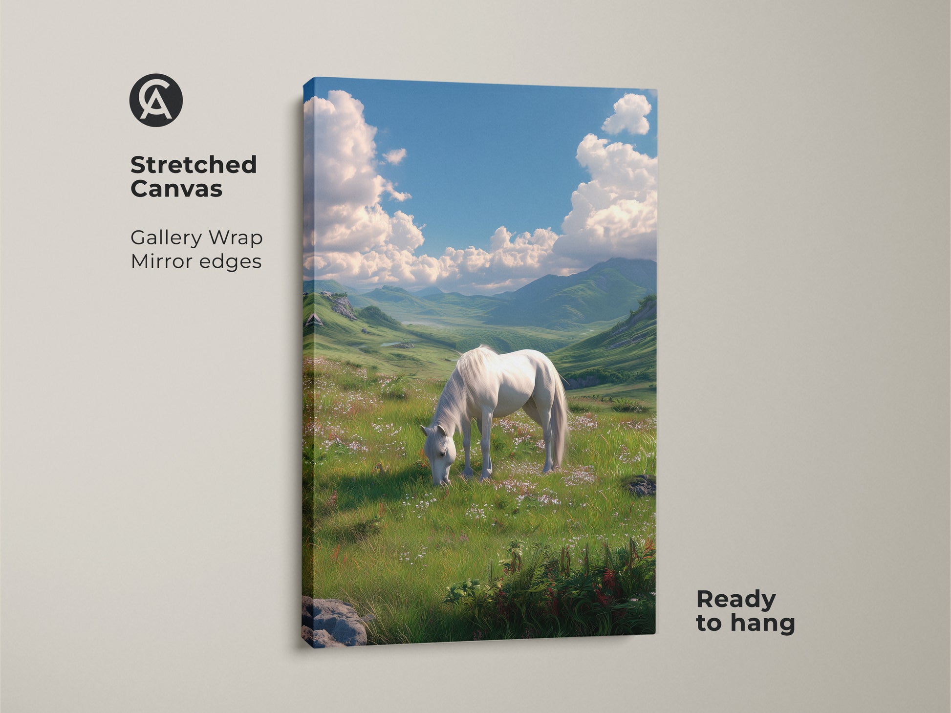 Stretched canvas artwork showcasing a white horse peacefully grazing in a vibrant green meadow. The gallery wrap with mirror edges offers a modern aesthetic. This stunning horse landscape art is ready to hang and transform your space.