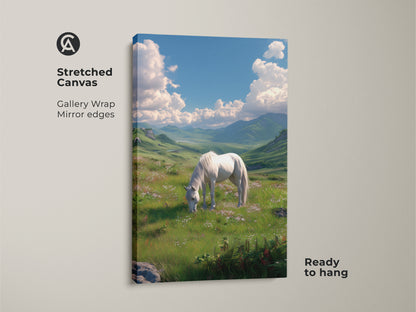 Stretched canvas artwork showcasing a white horse peacefully grazing in a vibrant green meadow. The gallery wrap with mirror edges offers a modern aesthetic. This stunning horse landscape art is ready to hang and transform your space.