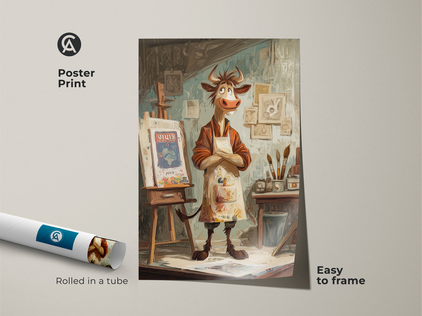 Poster print of a cartoon cow artist rolled in a tube. This whimsical cow wall art is easy to frame. The studio easel painting features vibrant colors. Eclectic animal artwork perfect as a gift for art lovers. Enjoy this unique animal canvas.
