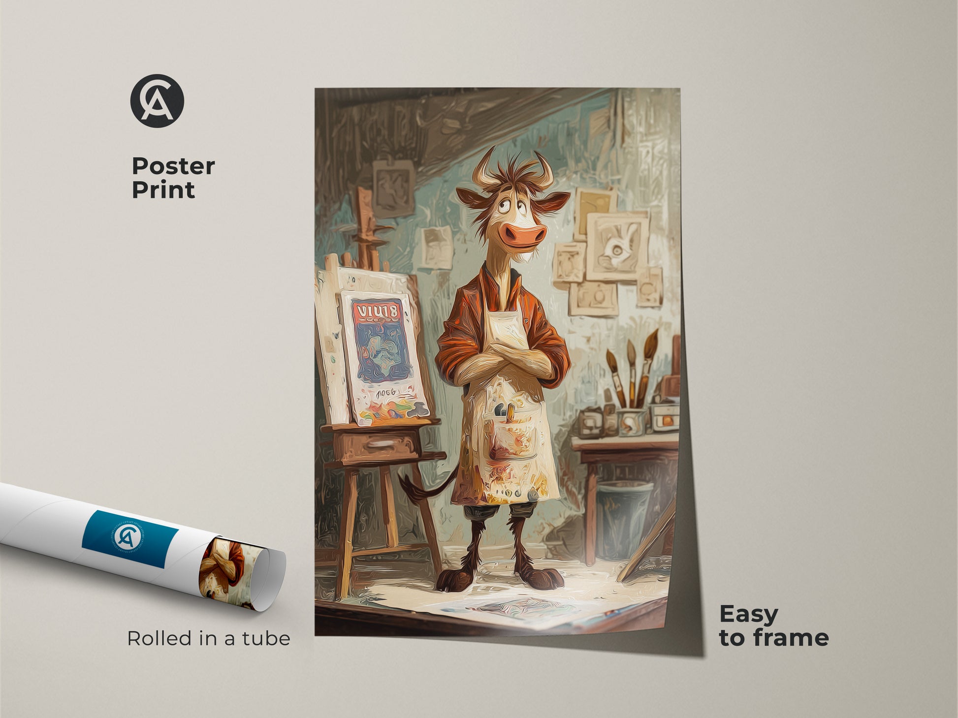 Poster print of a cartoon cow artist rolled in a tube. This whimsical cow wall art is easy to frame. The studio easel painting features vibrant colors. Eclectic animal artwork perfect as a gift for art lovers. Enjoy this unique animal canvas.