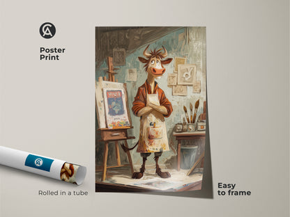Poster print of a cartoon cow artist rolled in a tube. This whimsical cow wall art is easy to frame. The studio easel painting features vibrant colors. Eclectic animal artwork perfect as a gift for art lovers. Enjoy this unique animal canvas.