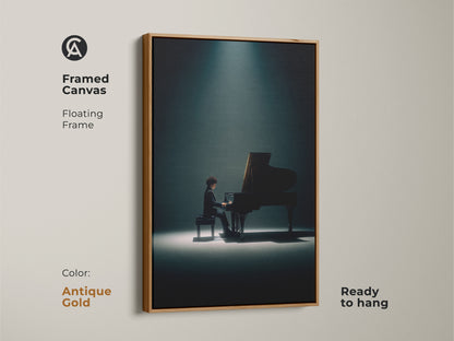 Framed canvas art of a pianist playing a grand piano. The artwork has a floating antique gold frame. Ready to hang. This striking music-themed artwork brings warmth to your walls. Perfect for music lovers.