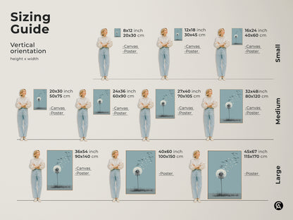 Sizing guide for dandelion art print. Vertical orientation options show the artwork in various sizes. Choose from canvas or poster prints to fit your space. Minimalist bird wall art perfect for any room. The sky blue and white decor brings a sense of hope and dreams. Find the ideal size for your housewarming gift.