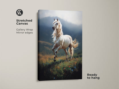 Stretched canvas of a white horse art print ready to hang. The artwork features a galloping horse with mirror edges. It is a realistic horse wall art that enhances eclectic home decor. This equestrian landscape is a perfect gift for animal art enthusiasts.