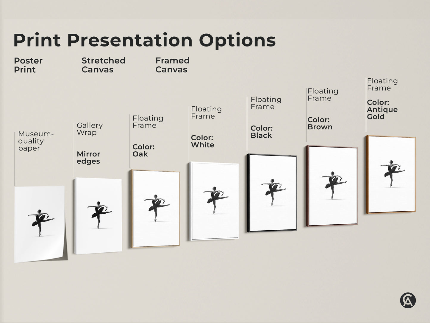 Explore print presentation options for minimalist ballerina art. Choices include poster print stretched canvas and framed canvas. Select museum-quality paper or gallery wrap with various floating frame colors. Find black white ballet decor to suit aesthetic preferences.