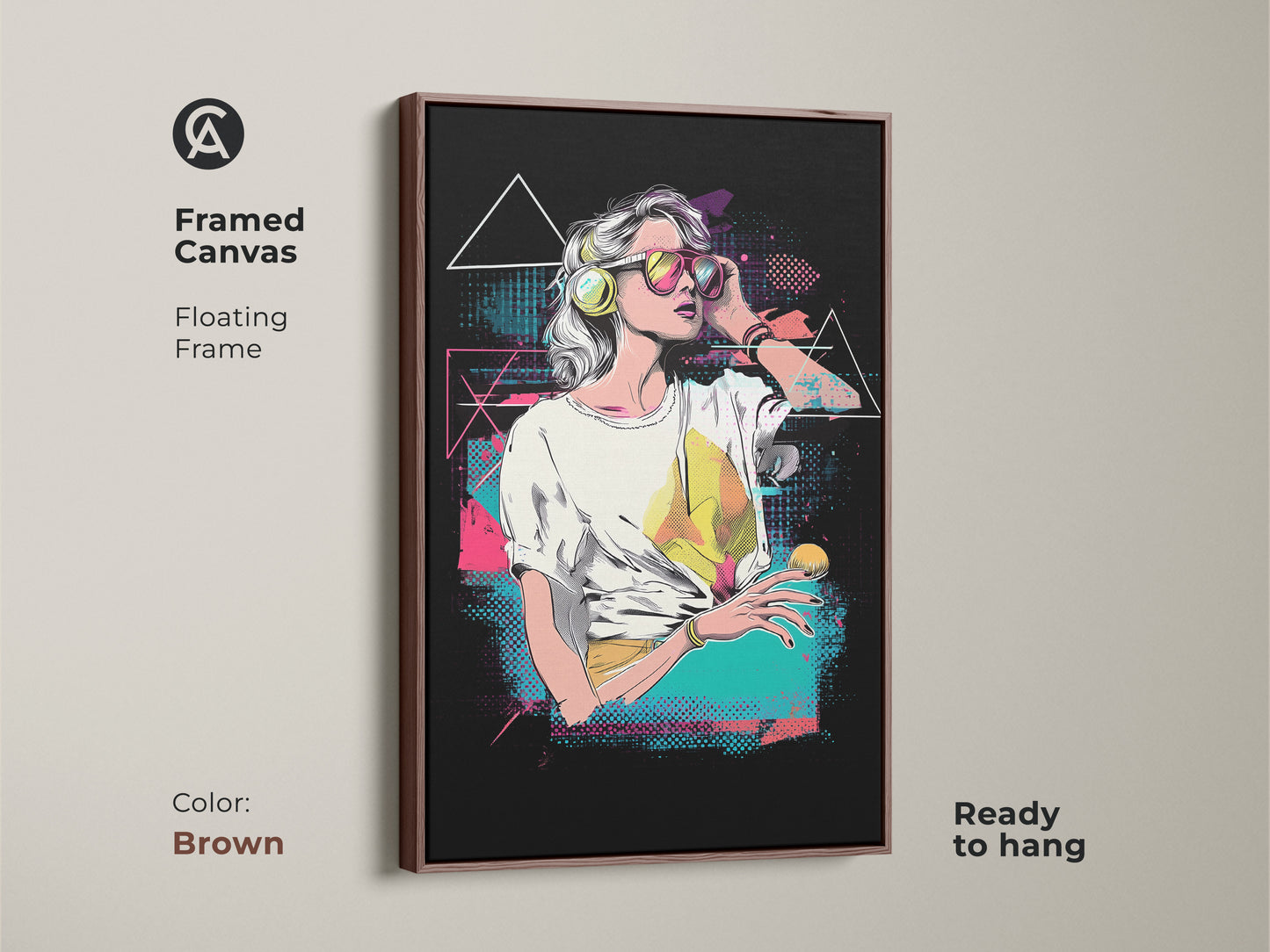 Framed canvas of a vaporwave woman art. This floating frame comes in brown. The retro music lover gift is ready to hang. Synthwave aesthetic wall art for alternative music decor. A pink yellow teal canvas art.