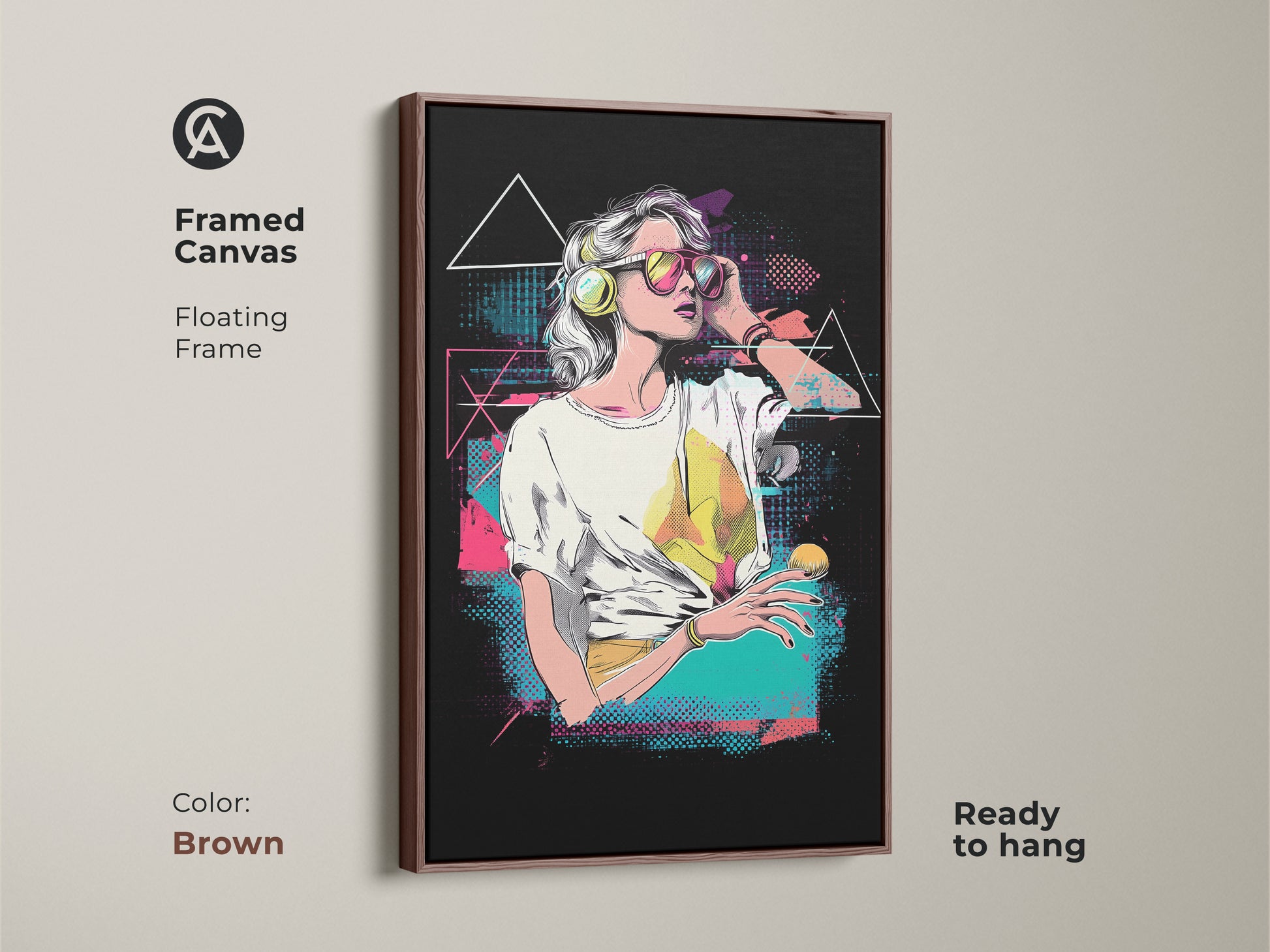 Framed canvas of a vaporwave woman art. This floating frame comes in brown. The retro music lover gift is ready to hang. Synthwave aesthetic wall art for alternative music decor. A pink yellow teal canvas art.