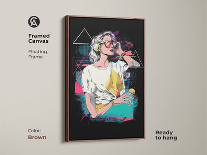 Framed canvas of a vaporwave woman art. This floating frame comes in brown. The retro music lover gift is ready to hang. Synthwave aesthetic wall art for alternative music decor. A pink yellow teal canvas art.