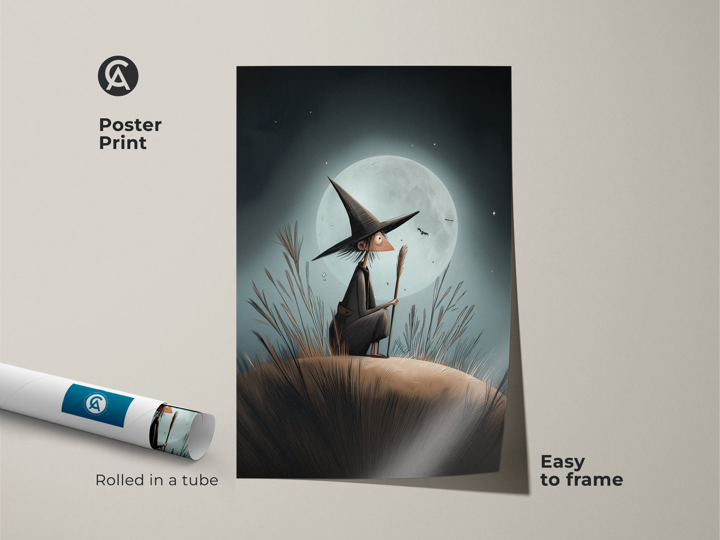 Rolled poster print of a witchy scene. This fantasy witch poster is easy to frame. The spooky moon art is perfect for Halloween lovers. A unique witch wall hanging adds a touch of celestial charm.