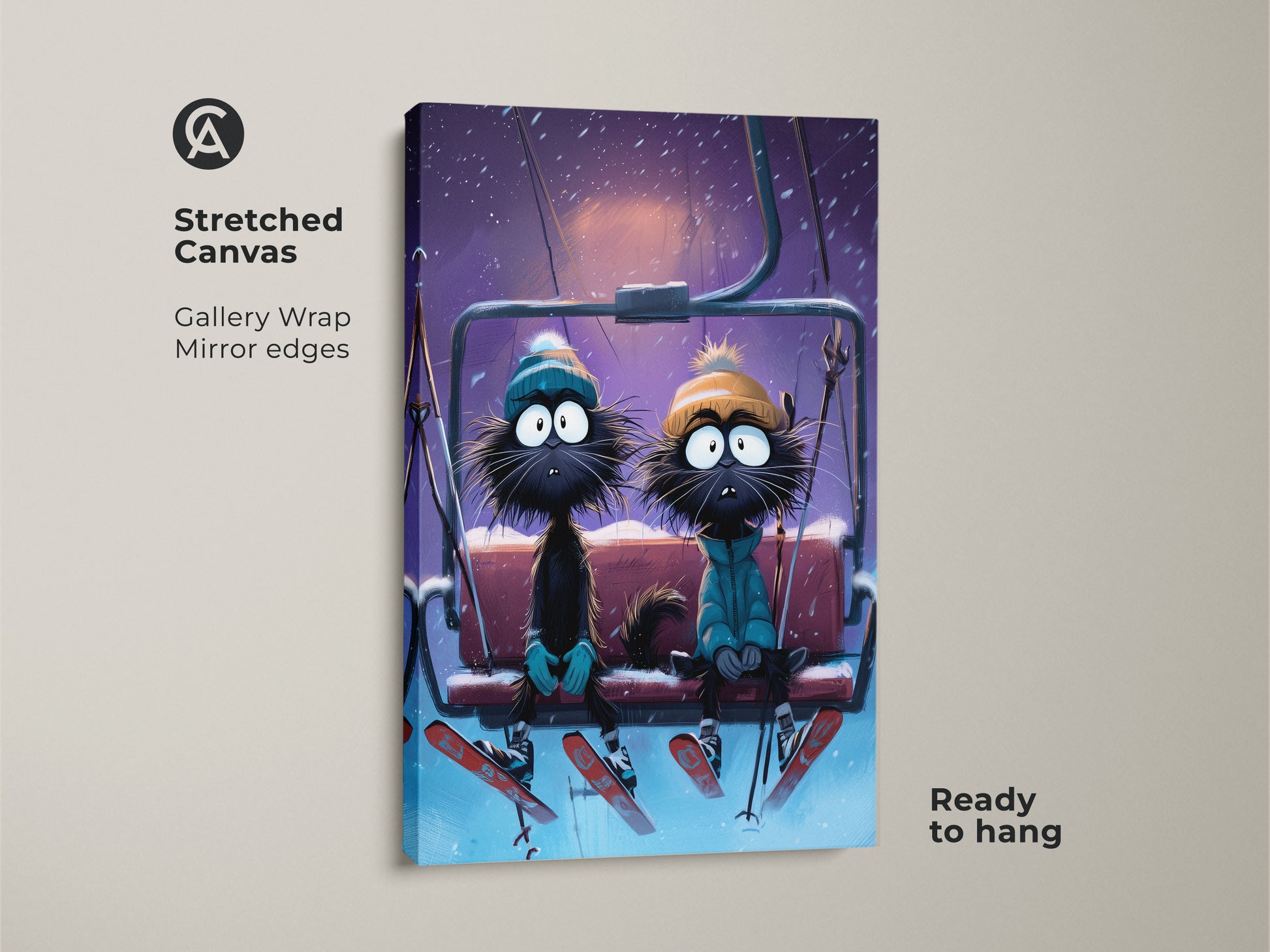 A stretched canvas presents funny cats on a ski lift. The gallery wrap has mirror edges. Ready to hang this winter cat couple art print is an ideal gift. The teal orange purple artwork adds color to any space. Get this cat lover gift idea for eclectic home decor.