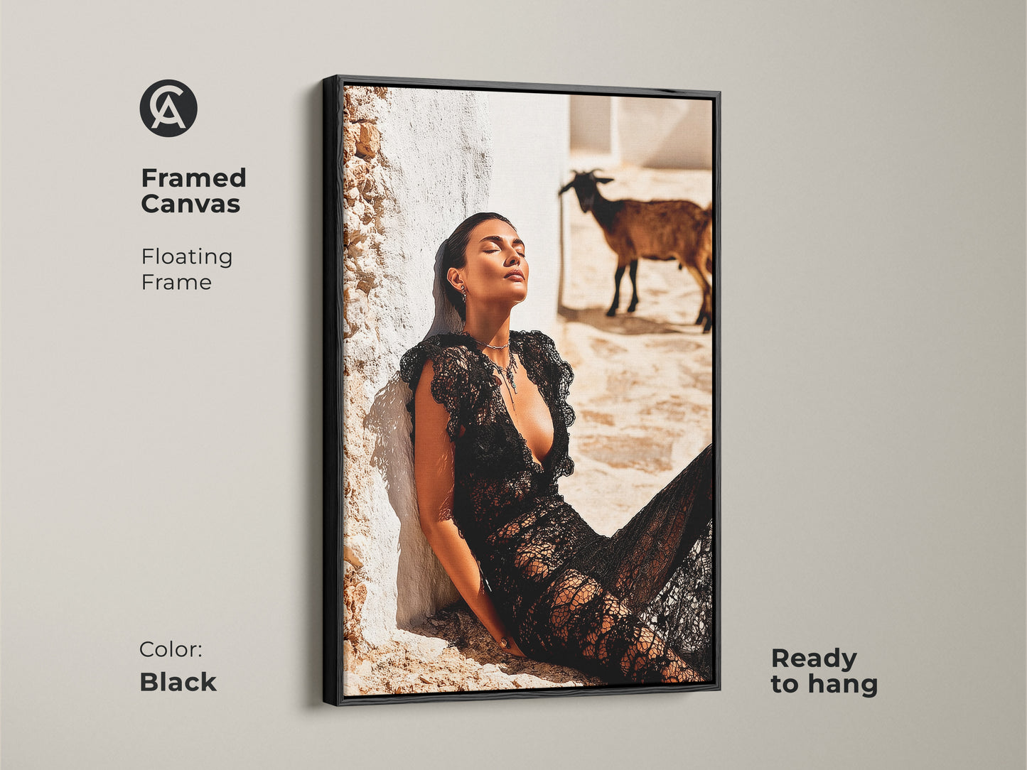 Framed Canvas with a floating black frame. The artwork is fashion photography. Features a woman in a black lace dress with a goat. This is ready to hang and brings an eclectic touch. Great for wall decor in bedrooms. Adds a distinctive touch for housewarming.