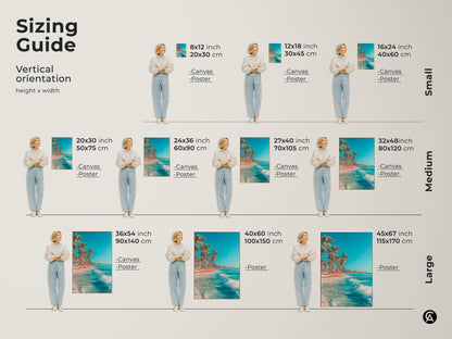 Sizing guide for vertical beach art prints. Visualize canvas and poster sizes from small to large. Find the ideal dimensions for your wall decor. Various sizes are available to match your space.