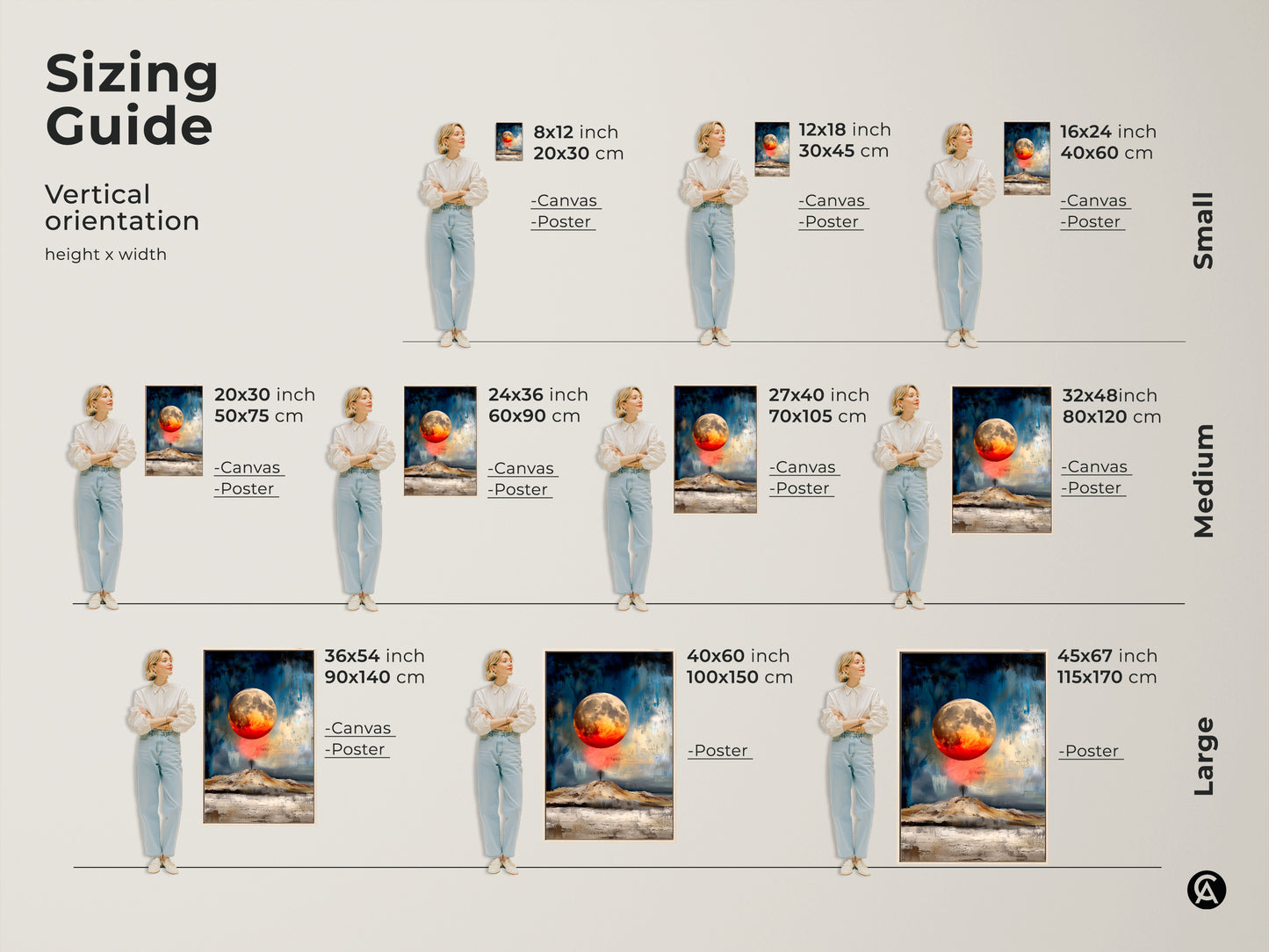 Sizing guide for vertical textured abstract moon art prints available in canvas and poster. Sizes range from small 8x12 to large 45x67. Find the perfect celestial landscape art to complement your space. Enhance your home with modern abstract decor.