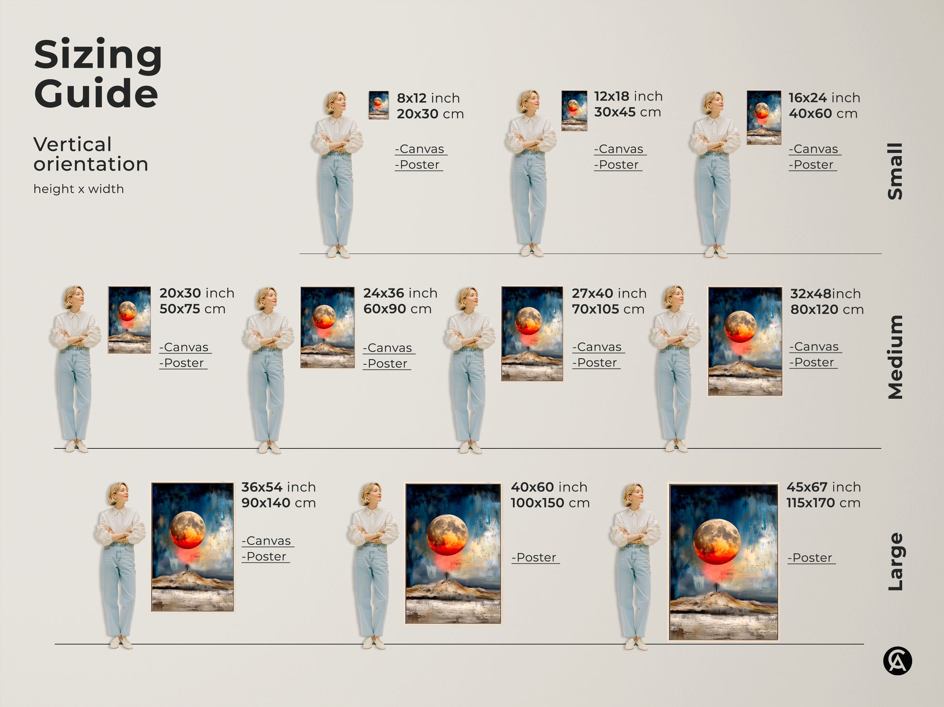Sizing guide for vertical textured abstract moon art prints available in canvas and poster. Sizes range from small 8x12 to large 45x67. Find the perfect celestial landscape art to complement your space. Enhance your home with modern abstract decor.
