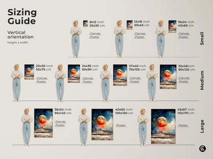 Sizing guide for vertical textured abstract moon art prints available in canvas and poster. Sizes range from small 8x12 to large 45x67. Find the perfect celestial landscape art to complement your space. Enhance your home with modern abstract decor.