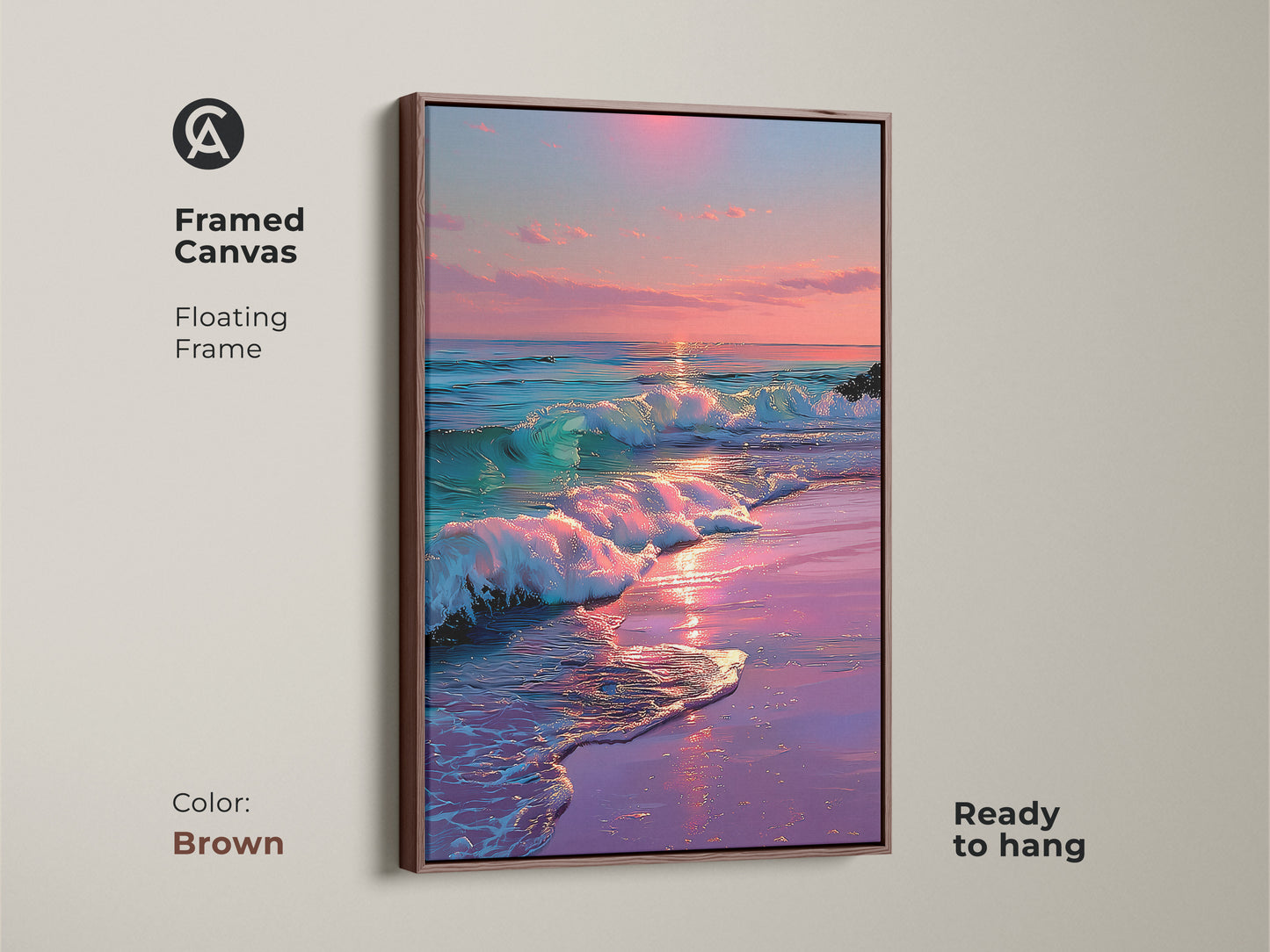 Framed canvas floating frame in brown. Dreamy ocean sunset coastal beach waves wall art. Ready to hang pink purple teal seascape painting. Ideal housewarming gift.