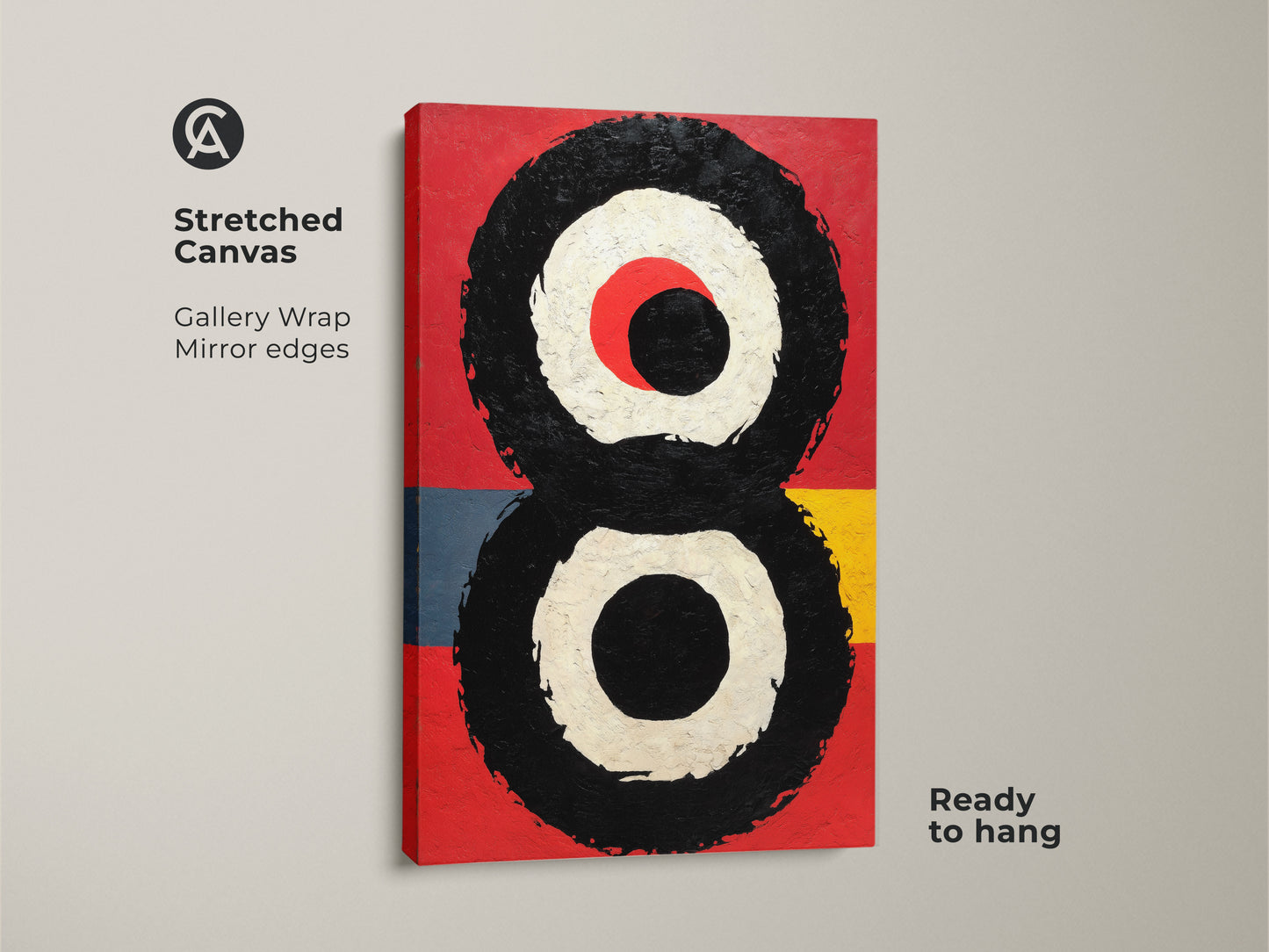Stretched Canvas gallery wrap with mirror edges shows a red black abstract art piece. This geometric circle print is ready to hang. Mid century modern wall art for a contemporary space or modern home office.