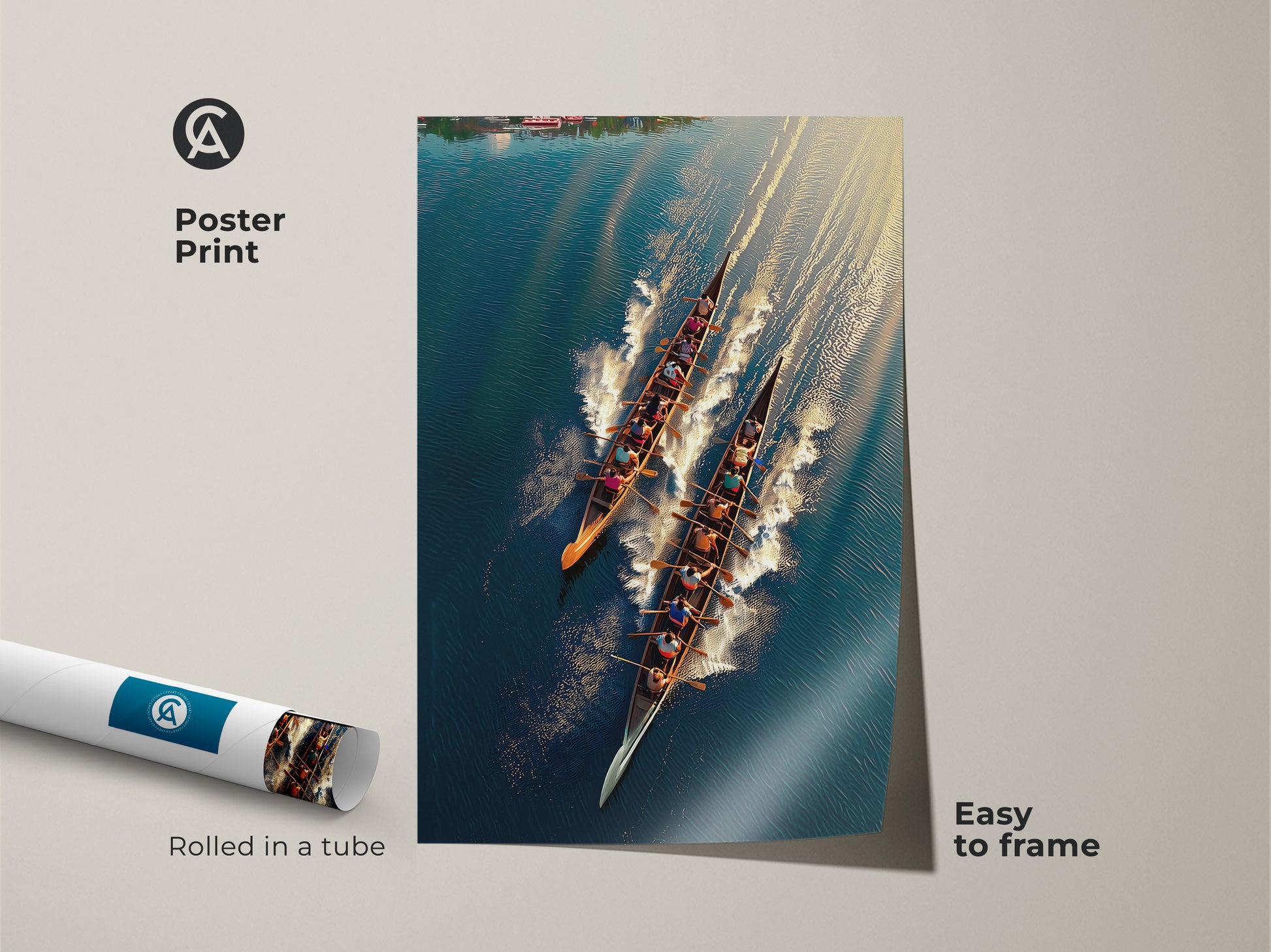 This poster print displays an aerial view of a rowing team in action. Rolled in a tube it's easy to frame. The teal blue and gold art print adds a modern touch. Ideal for sports enthusiasts. Perfect as office or home wall decor. Showcases teamwork and competition.