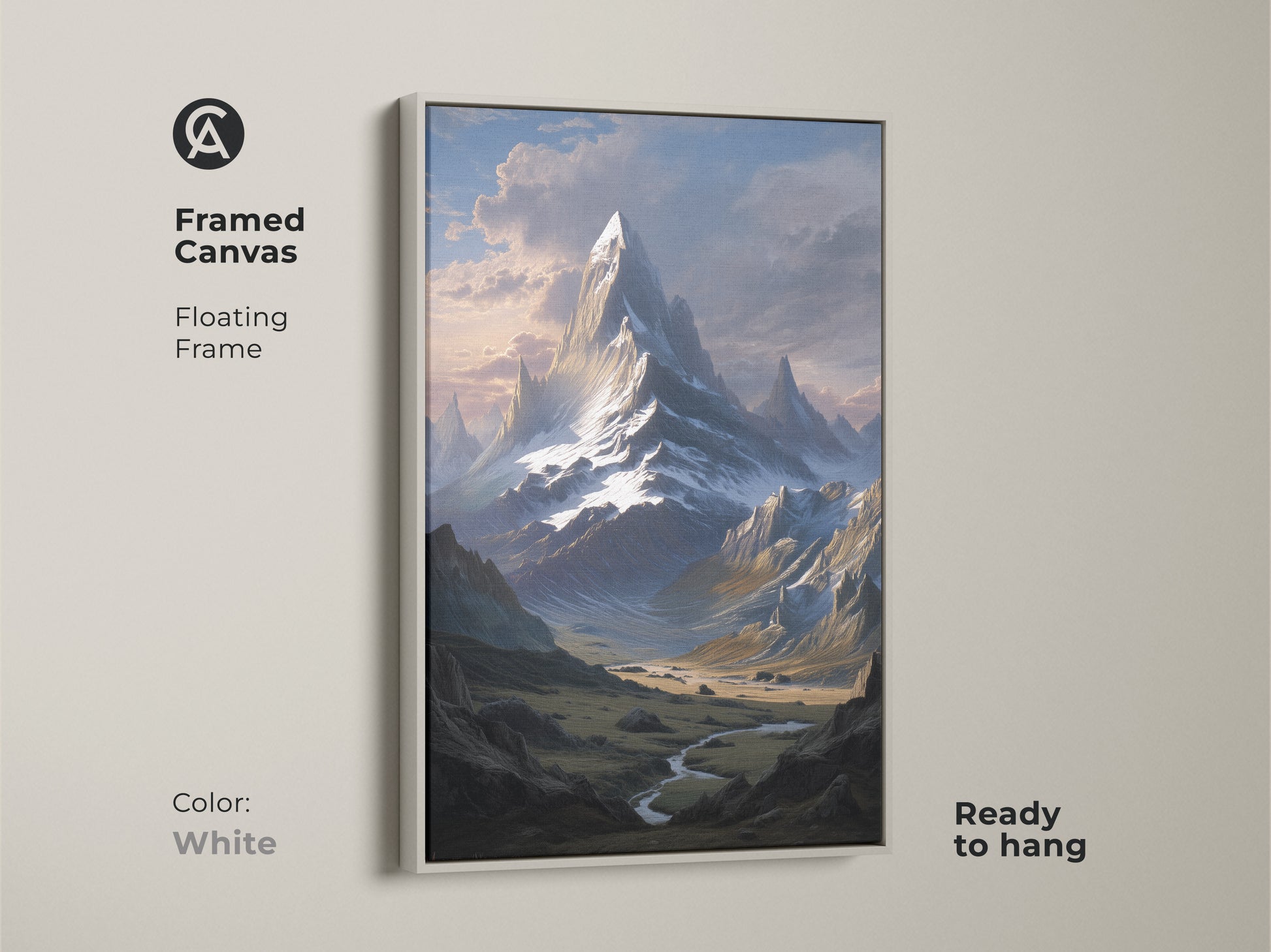 A framed canvas with a white floating frame presents a snowy mountain artwork. This nature-inspired artwork is ready to hang. It’s a serene landscape artwork for contemporary home decor.