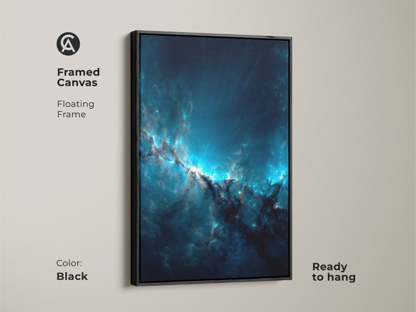 Framed canvas art showcasing a beautiful blue nebula. The floating frame adds an elegant touch. This black-framed artwork is ready to hang. It will transform any space with its cosmic charm.