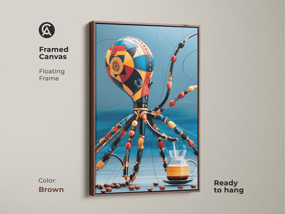 A framed canvas Steampunk Octopus artwork in a brown floating frame.  Features surreal coffee art. It makes for great octopus wall art for a Kitchen. A great gift idea for coffee lovers. It fits into eclectic cafe decor. It's a red orange and blue wall art.