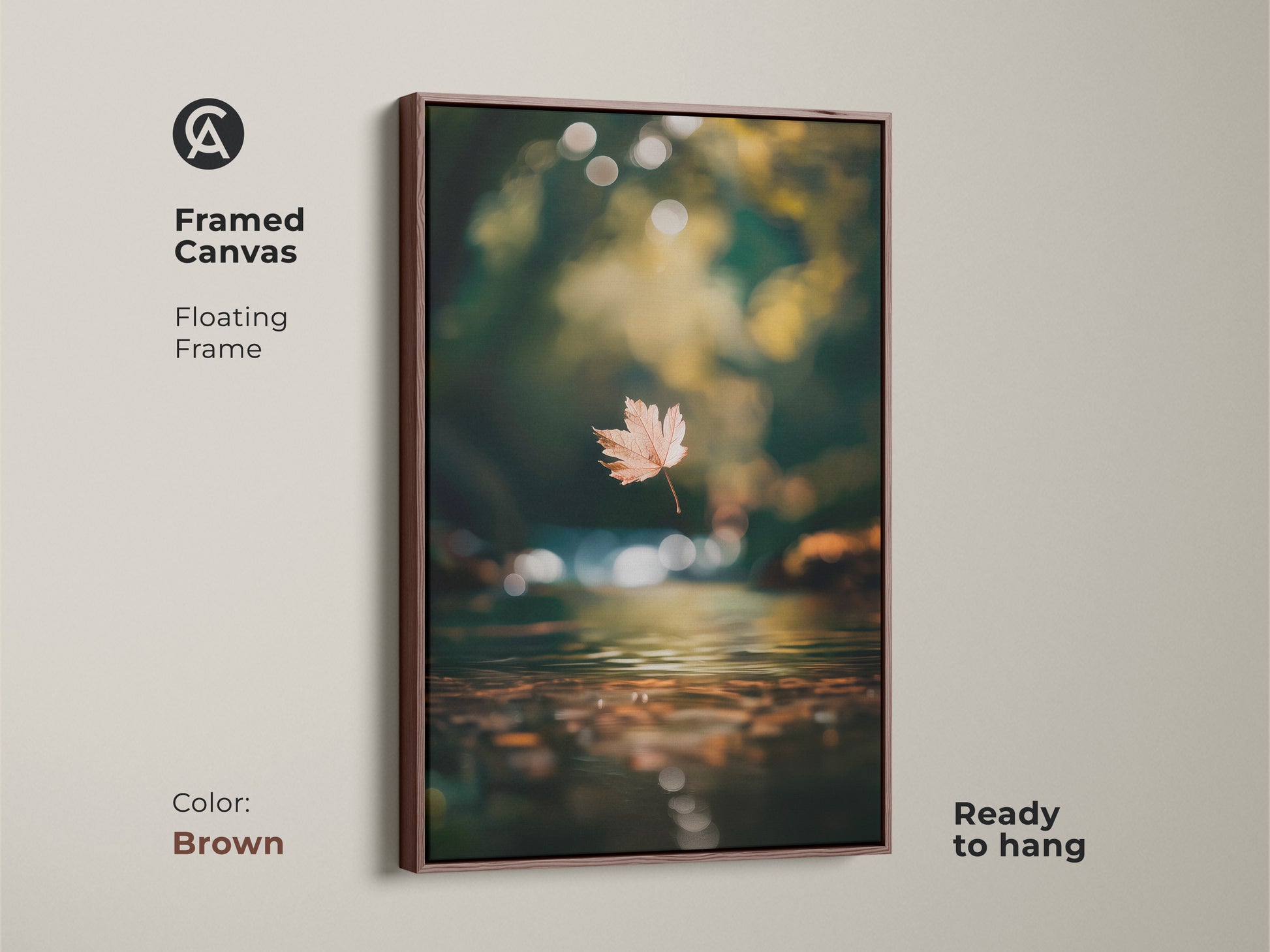 Enhance your space with this framed canvas artwork in brown. The floating frame enhances the beauty of this autumn leaf scene. Ready to hang this piece brings a touch of nature indoors. Get this framed fine art to elevate your decor.