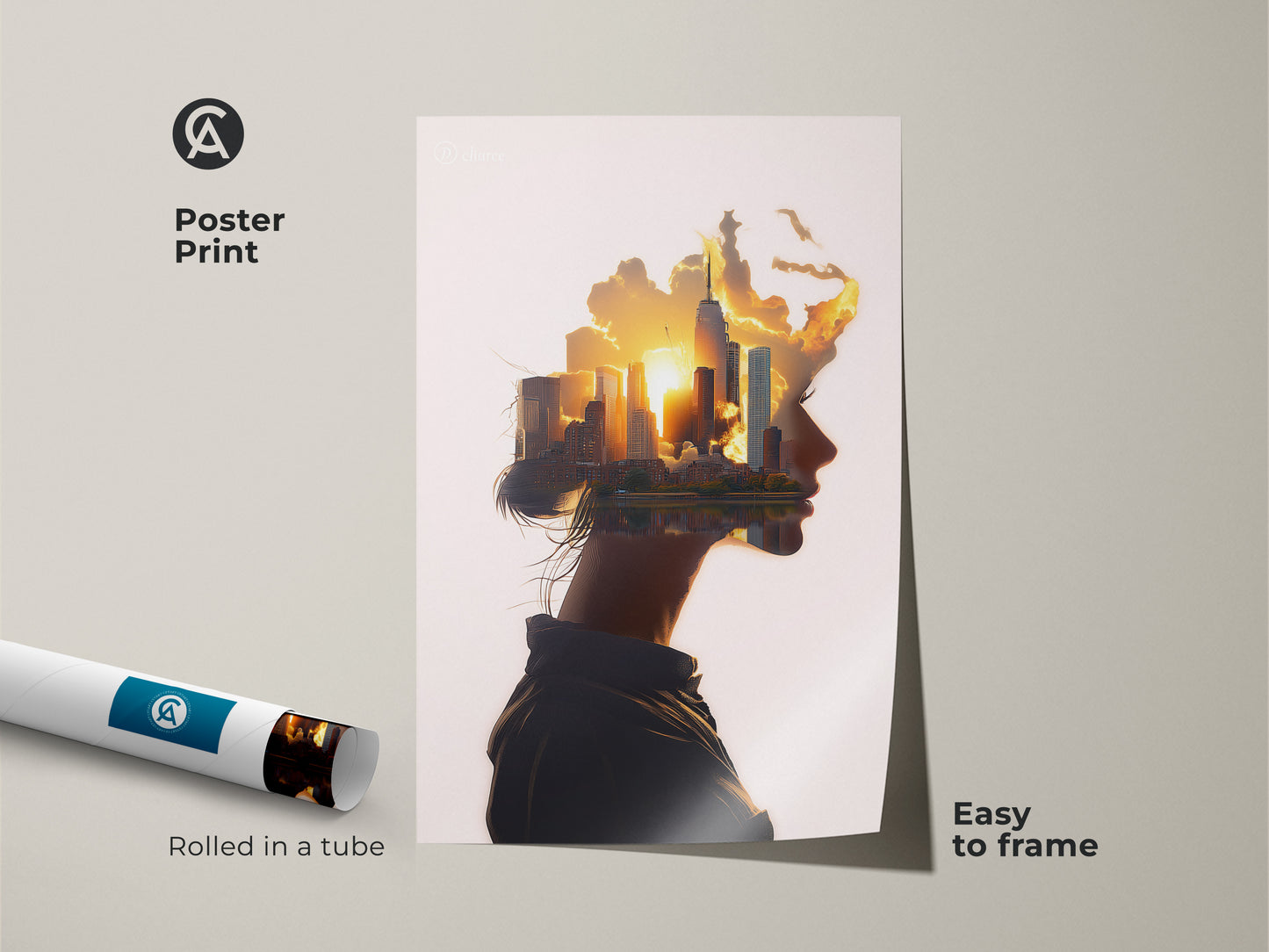 Poster print woman profile cityscape art rolled in a tube. Abstract surreal wall art is easy to frame. Conceptual urban landscape canvas in orange yellow gold sunset. Contemporary art for modern bedroom wall decor or contemporary office art. Great housewarming gift.