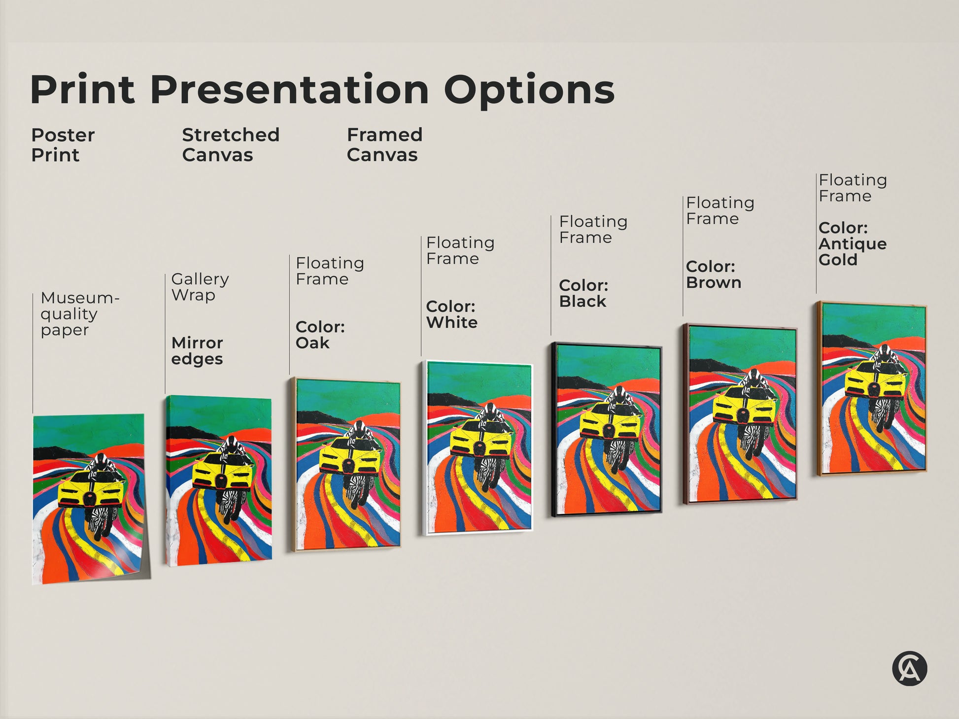 Explore print presentation options. From poster prints to stretched canvas and framed canvas this artwork suits any style. Choose gallery wrap mirror edges or a floating frame in black brown white or antique gold. Each option highlights the Yellow race car Pop art perfectly. Find the ideal match for your space and showcase your passion.