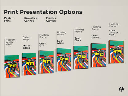 Explore print presentation options. From poster prints to stretched canvas and framed canvas this artwork suits any style. Choose gallery wrap mirror edges or a floating frame in black brown white or antique gold. Each option highlights the Yellow race car Pop art perfectly. Find the ideal match for your space and showcase your passion.
