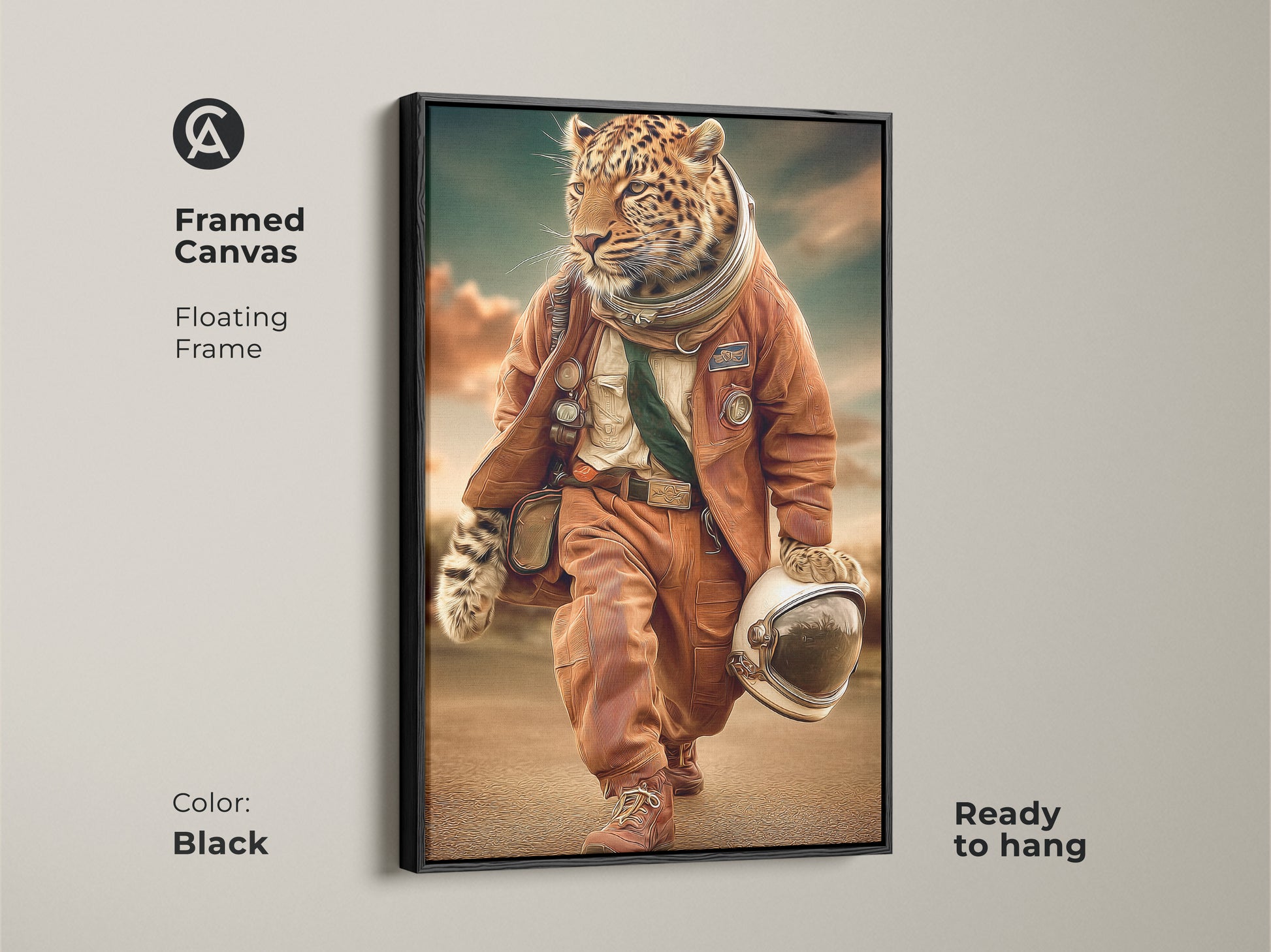 Framed canvas art print. Floating frame in black. Ready to hang. Leopard astronaut artwork. This surreal space adventure print adds modern touch to any room. Orange teal animal art makes it a unique wildlife art piece. It is a perfect gift for space lovers.