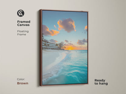 Framed canvas in brown showcasing a turquoise ocean sunset. Floating frame enhances the artwork. Coastal beach wall art is ready to hang. Tropical landscape photography is a housewarming beach gift. Ocean view art print captures the beauty of the sea.
