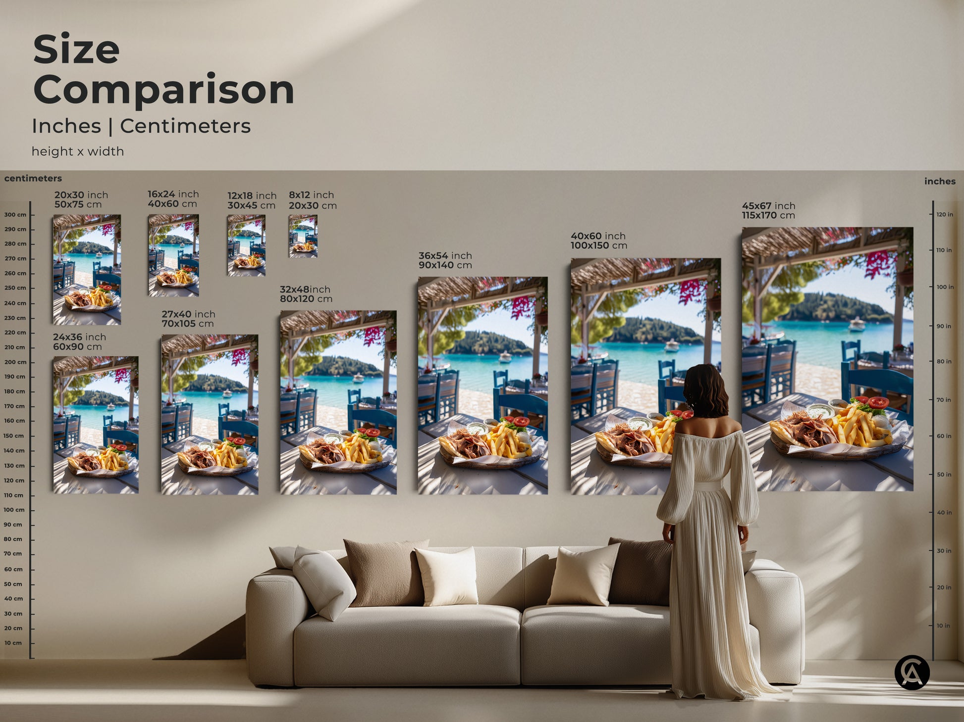 Size comparison of Greek gyros artwork in inches and centimeters. See how the coastal canvas art looks in different dimensions. The turquoise seascape print is ideal for restaurant cafe decor.