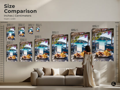Size comparison of Greek gyros artwork in inches and centimeters. See how the coastal canvas art looks in different dimensions. The turquoise seascape print is ideal for restaurant cafe decor.