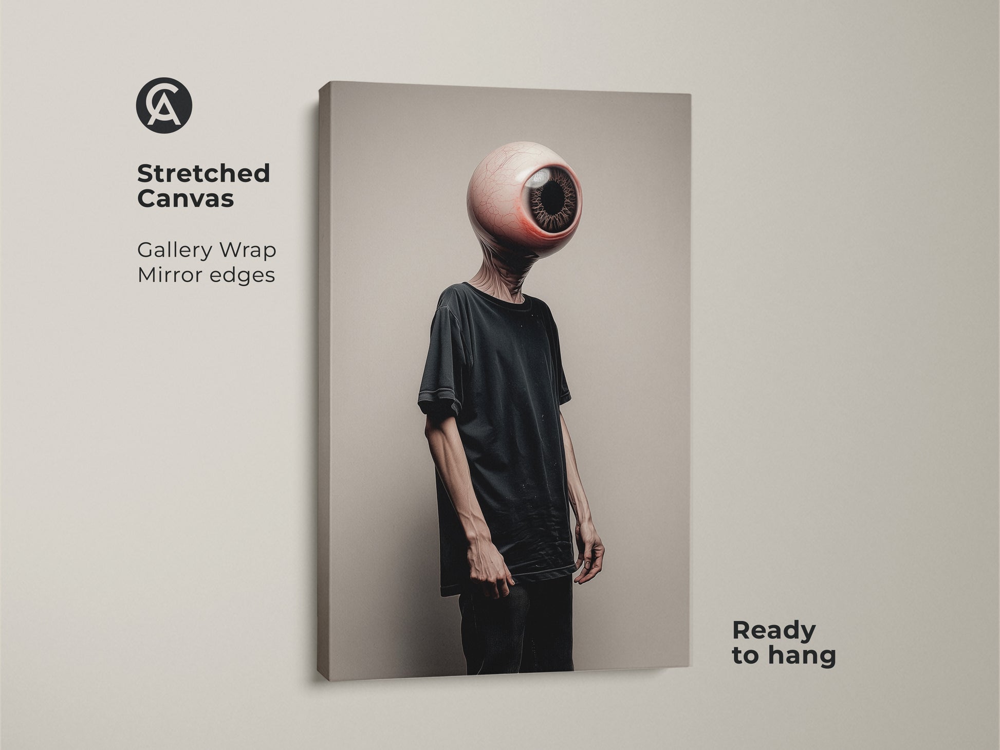 This stretched canvas features a surreal eyeball head. The dark aesthetic wall decor has conceptual figure art. It brings an eclectic touch to any room. Ready to hang with gallery wrapped mirror edges this canvas is a striking addition to modern art collections.