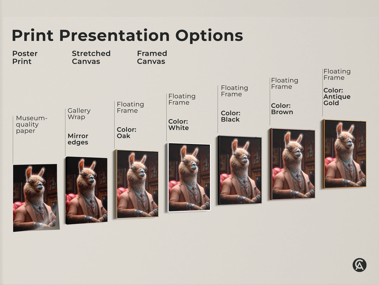 Print presentation options for llama artwork. Poster stretched and framed canvas choices. Floating frame color options in oak white black brown and antique gold. Choose the perfect style for your gentleman llama portrait.