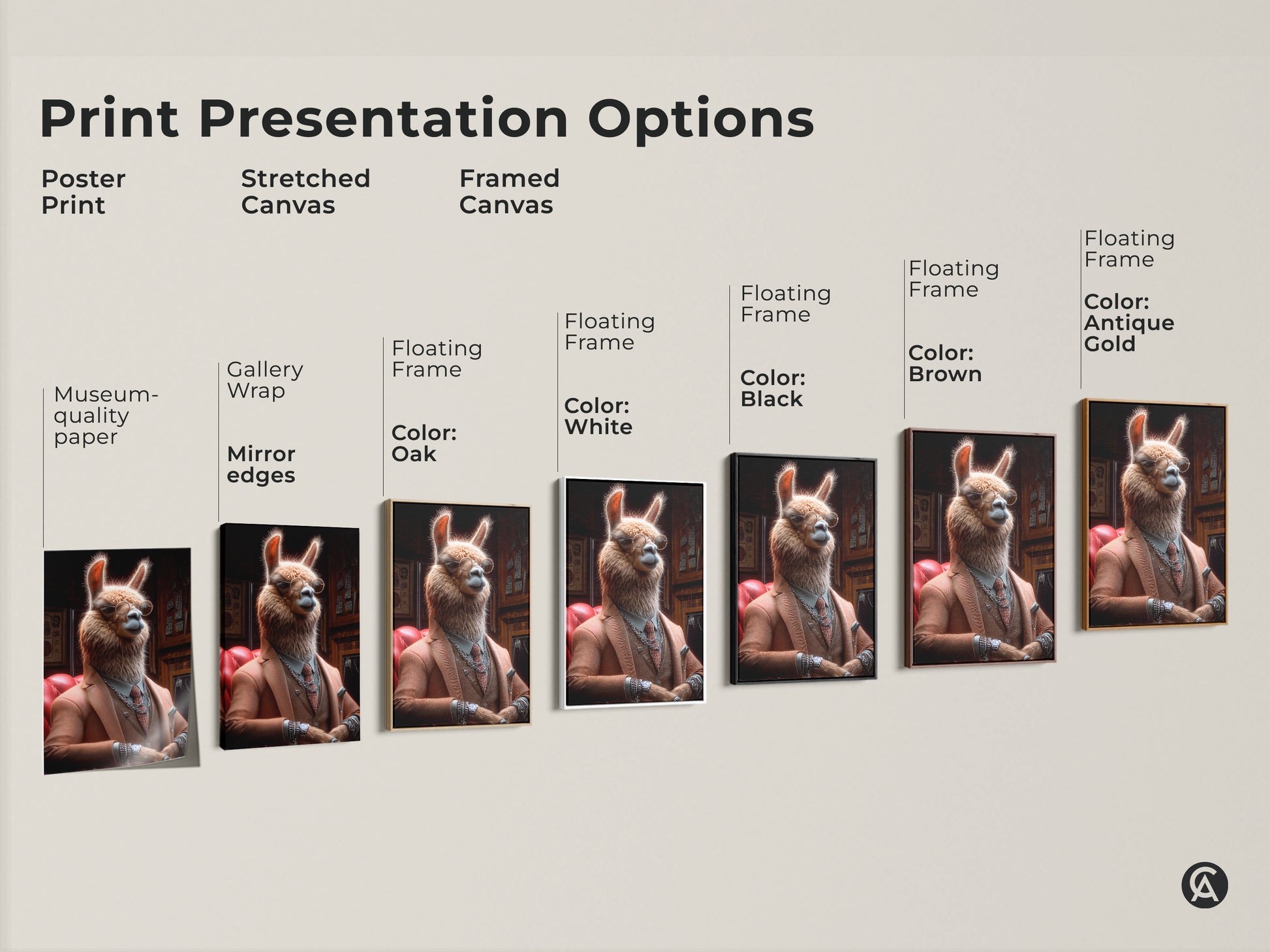 Print presentation options for llama artwork. Poster stretched and framed canvas choices. Floating frame color options in oak white black brown and antique gold. Choose the perfect style for your gentleman llama portrait.