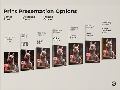 Print presentation options for llama artwork. Poster stretched and framed canvas choices. Floating frame color options in oak white black brown and antique gold. Choose the perfect style for your gentleman llama portrait.