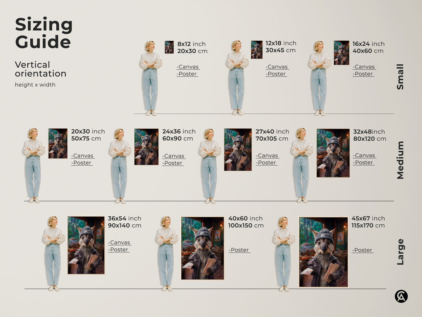 Vertical orientation sizing guide featuring the Kangaroo Postman Art. Visualize sizes from small to large with canvas and poster print options. See how this whimsical animal art fits in your space for the perfect eclectic decor.