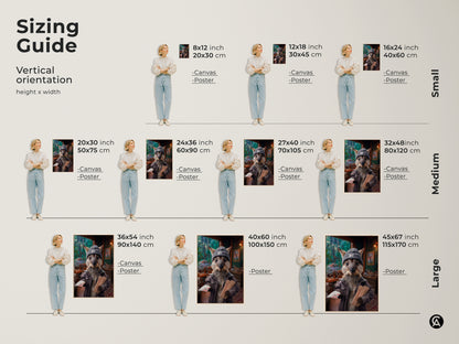 Vertical orientation sizing guide featuring the Kangaroo Postman Art. Visualize sizes from small to large with canvas and poster print options. See how this whimsical animal art fits in your space for the perfect eclectic decor.