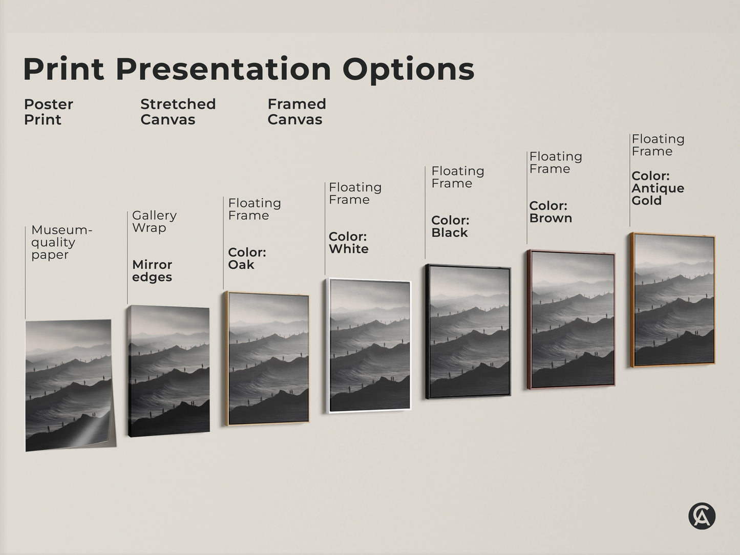 Explore print presentation options for monochrome mountain artwork. See poster prints stretched canvases and framed canvases. Choose from black brown oak and white frames. Find the perfect surreal figures art for your modern decor. Elevate your space.