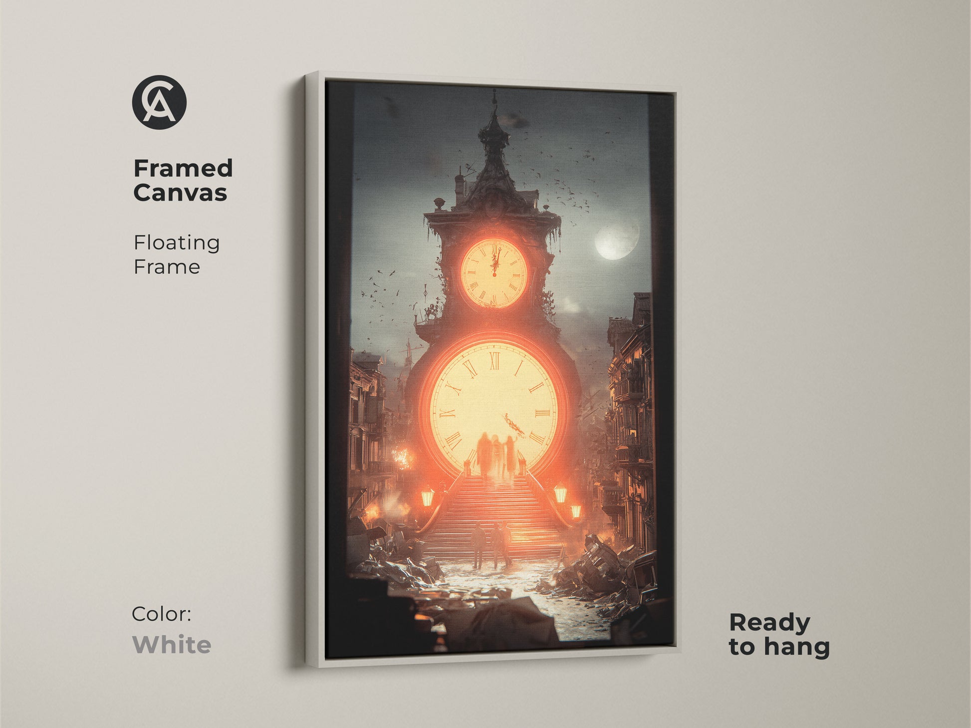A clean white floating frame highlights the steampunk clock tower art print. This canvas is ready to hang. This surrealist wall hanging is perfect as abstract time art.