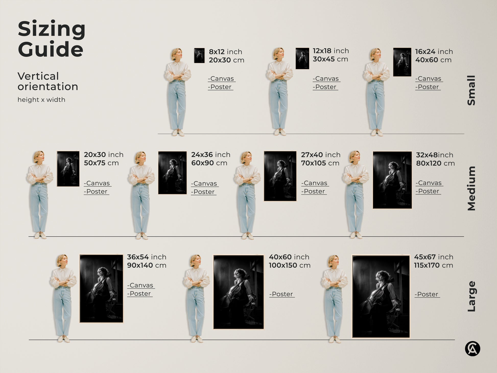 Sizing guide for cellist canvas and poster prints. Find the perfect fit for your space with vertical orientation options. Available in small medium and large sizes. Transform your home studio or music room with this elegant black and white artwork. A thoughtful gift for music enthusiasts.