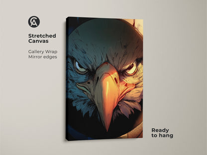 Close-up of a Griffin canvas art print. This fantasy eagle wall art has a gallery wrap and mirrored edges. Ready to hang this mythological creature print adds epic dark fantasy decor. This comic style artwork makes a unique home decor.