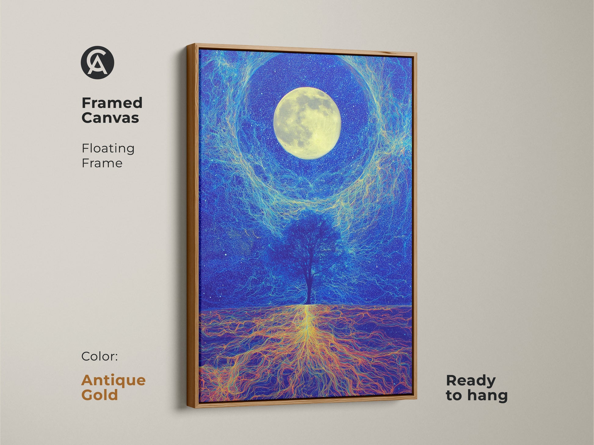 Framed canvas of the cosmic tree wall art featuring an antique gold floating frame. The surreal moon landscape is a unique fantasy canvas. It’s ready to hang. It is ideal for home office wall decor. The celestial painting print adds elegance.