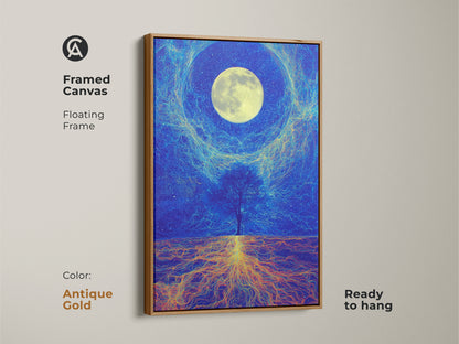 Framed canvas of the cosmic tree wall art featuring an antique gold floating frame. The surreal moon landscape is a unique fantasy canvas. It’s ready to hang. It is ideal for home office wall decor. The celestial painting print adds elegance.