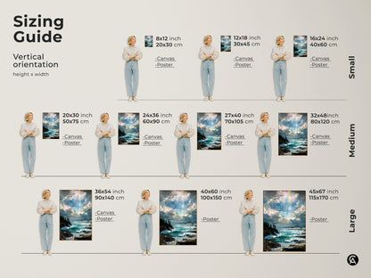 A sizing guide shows how to select ocean art prints. Choose from vertical orientations in small medium and large sizes. Enhance your space with a canvas or poster.