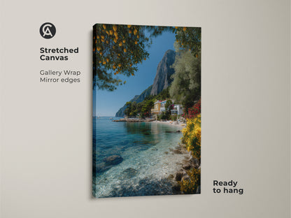 Stretched canvas print of a Mediterranean coastal scene with a lemon tree and villa. This ready to hang artwork showcases a scenic landscape. The yellow green and blue colors evoke a summer landscape. Ideal as a travel lover gift or for beach house decor.